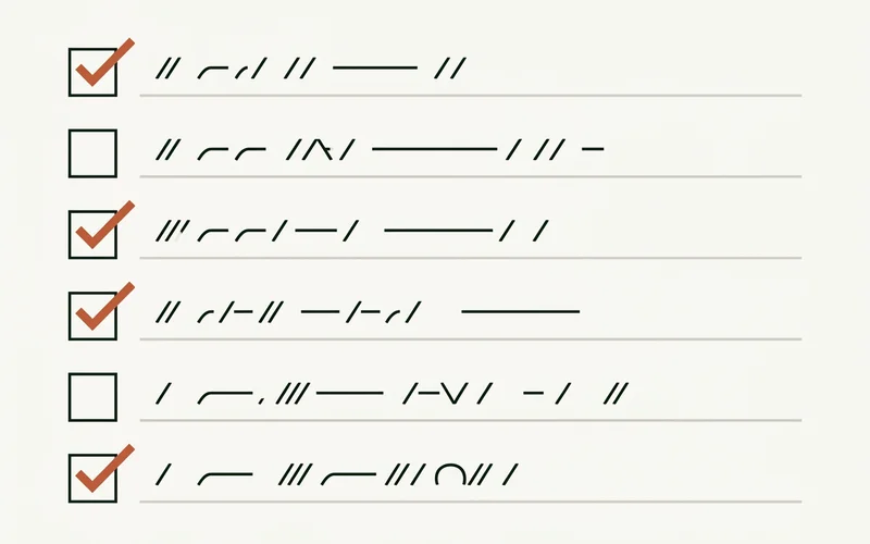 Abstract typographic checklist of decision factors drawn as hairline rows with terracotta ticks