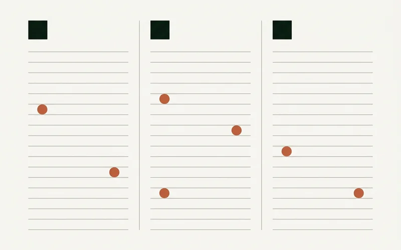 Abstract typographic markers showing who pays, set across three hairline-ruled columns