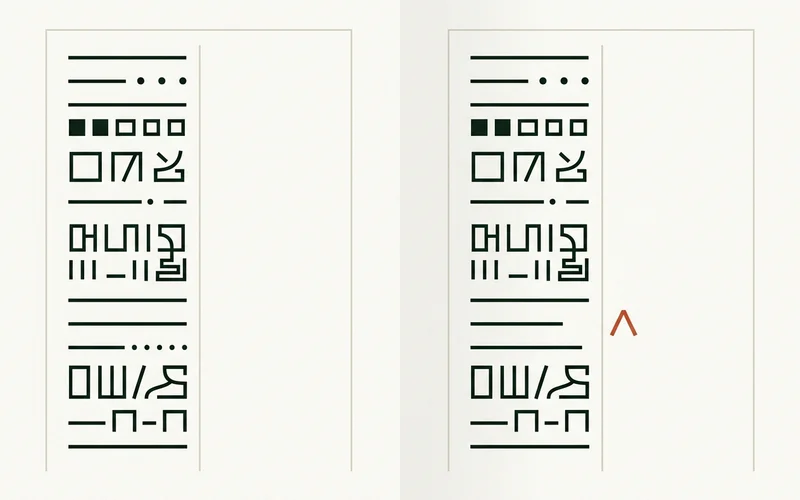 Abstract two-column diagram contrasting a promised description with an observed one