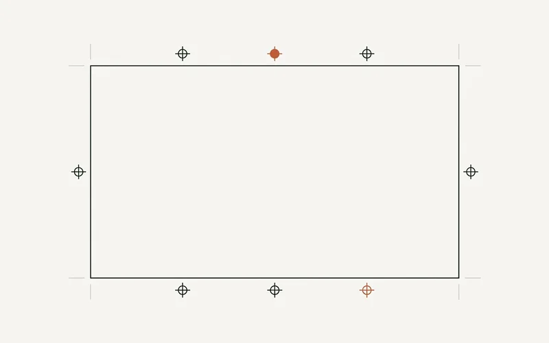 Abstract diagram of a large group table reduced to a wide hairline rectangle with register marks